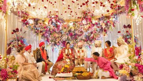 Gujarati ceremony taking place beneath a Mandap at Froyle Park - Surrey & Hampshire's leading Asian wedding venue.